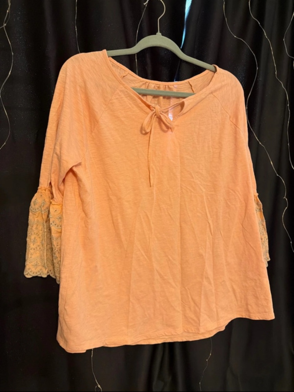 St. John's Bay Peach Tie-Neck Tunic with Lace Bell Sleeves